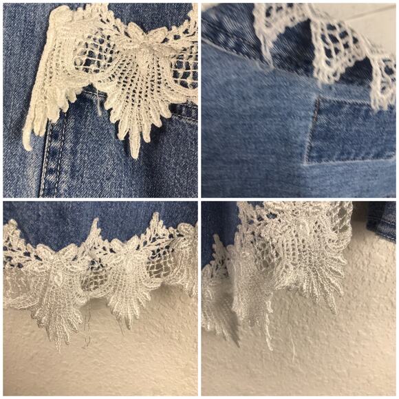 Vintage Levi's Chambray Denim Shirt Shacket Oversized Upcycled Doily Lace Boho L - Picture 14 of 16